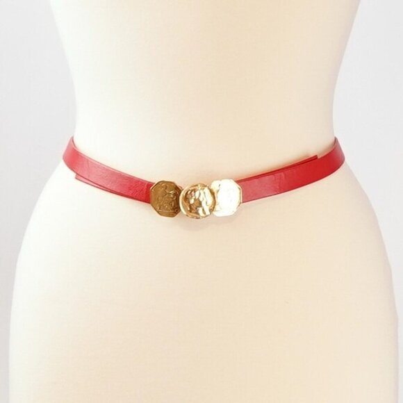 Unbranded Accessories - Vintage Red Belt Gold Tone Coin Buckle Adjustable Size S/M